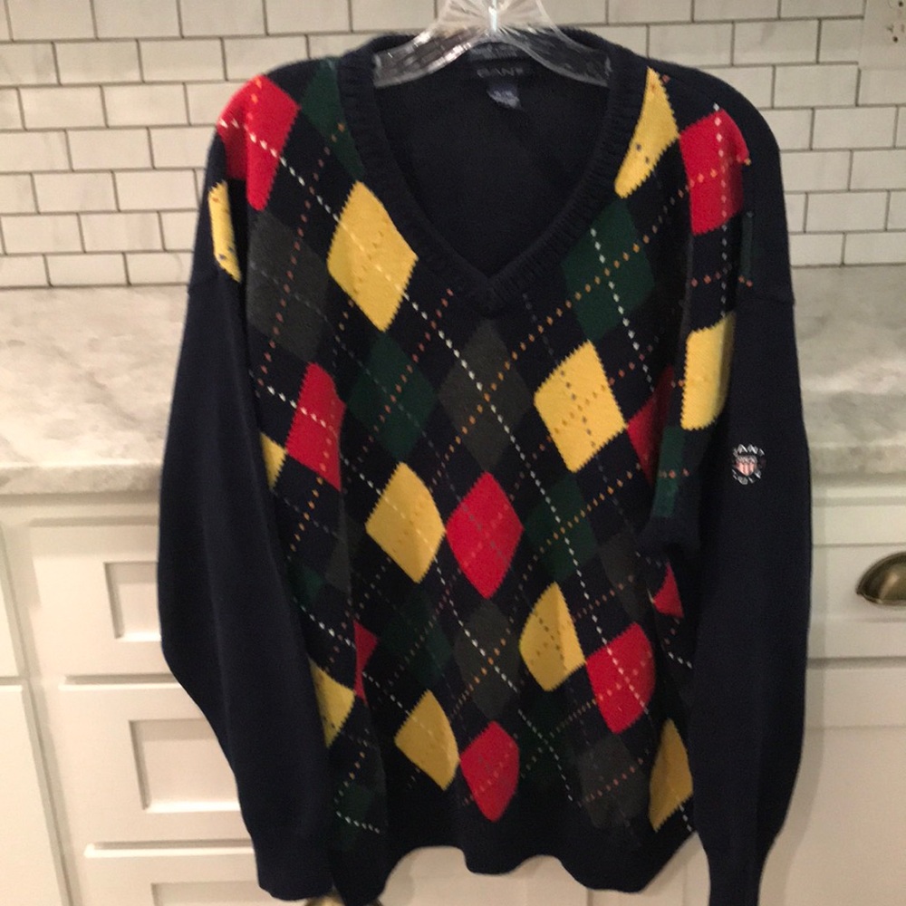 Gant‎ Argyle Sweater Mens XL Navy Blue Diamond Golf Vintage Electic Grandpa